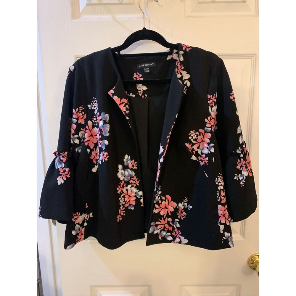 LANE BRYANT BLAZER OPEN FRONT BELL SLEEVES BOHO BLACK FLOWERED PRINT SZ 18/20P